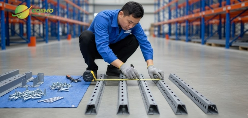 bước 1 trong cách lắp kệ sắt v lỗ