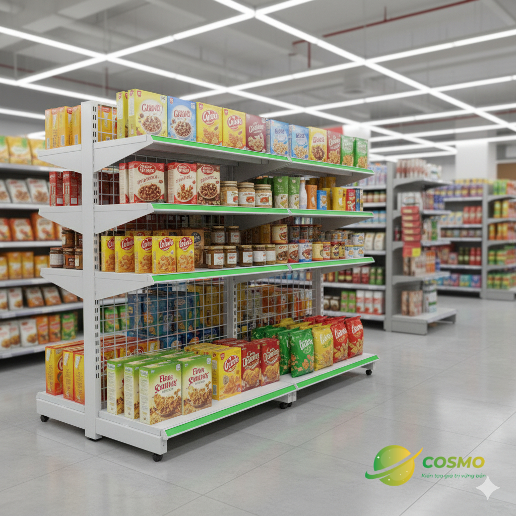 Giá kệ sắt trưng bày dạng lưới được các siêu thị mini ưa dùng