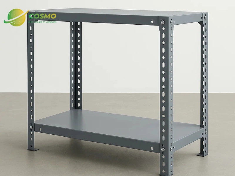Kệ sắt V lỗ 2 tầng được gia công chắc chắn, phù hợp để đựng các vật dụng nhỏ hoặc tài liệu, văn bản